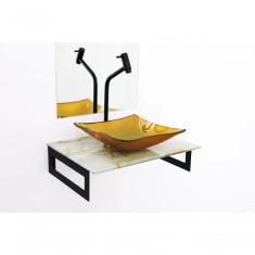 Gabinete de Vidro 50cm Cuba Quadrada Mármore Branco Dourado