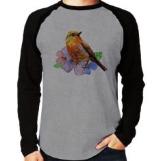 Camiseta Raglan Pássaro e Flores Manga Longa - Foca na Moda, Cinza, Pr