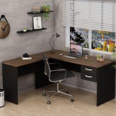 Escrivaninha Mesa Escritório em L com Gaveta 2 Gavetas 160cm Nogal - N