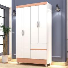 Guarda-Roupa Solteiro San Diego 4 Portas 2 Gavetas Branco/Camarim - Pnr Móveis