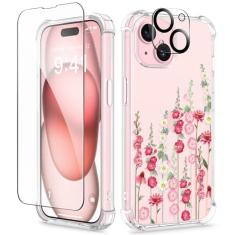 GVIEWIN Capa para iPhone 15 Plus, [3 em 1] com protetor de tela e protetor de lente de câmera, capa de telefone floral transparente macia à prova de choque slim fit para mulheres meninas 2023 6,7