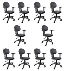 Kit 10 Unidades Cadeira Escritório Secretária Giratória com Braço Regulável em Couro Preto