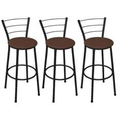 Kit 3 Banquetas Alta Preta com Assento Marrom Fortmix