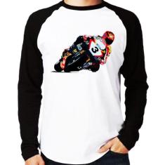 Camiseta Raglan Motorcycle Racing Manga Longa - Foca na Moda, Branco, 