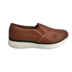 Tenis Feminino Giulia Domna Slip on Vazado Couro Macio 247, 36, Camel