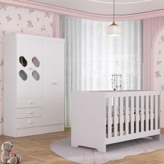 Quarto de Bebê com Guarda Roupa 4 Portas 3 Gavetas com Janela Berço 3 em 1  Maya Rodial