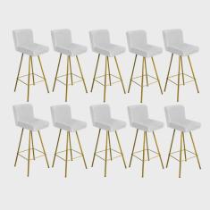 Kit 10 Banqueta Alta Lexi Com Encosto Cozinha Bar Balcão Bistrô Ferro Dourado Corino Branco - Ahazzo Móveis