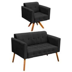 Kit 01 Namoradeira e 01 Poltrona Giratória Elisa Suede Base Madeira MM