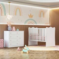 Quarto de Bebê Doce Sonho com Cômoda 2561 e Berço Simples 1 Qmovi Branco