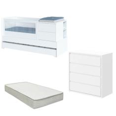 Berço Multifuncional com Cama Auxiliar Sol e Mar com Colchão e Comoda Branco