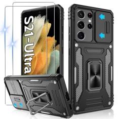 Gritup Capa ultrafina para Galaxy-S21 com capa deslizante para câmera + [2 protetores de tela HD], suporte giratório de metal 360°, capa protetora à prova de choque de grau militar para Samsung S21