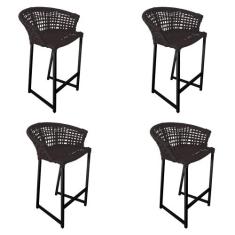 Kit 4 Banquetas Reis em Corda Náutica e Base em Alumínio Preta para Ár