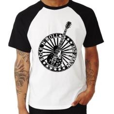 Camiseta Raglan Rock n Roll Never Die Guitarra - Foca na Moda, Branco,