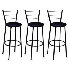 Kit 3 Banquetas Altas Preta com Encosto Assento Preto