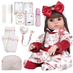 Boneca Tipo Reborn Cabelos Castanhos com Enxoval Completo - Cegonha Re