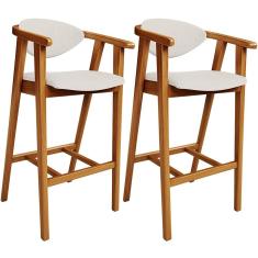 Kit 02 Banquetas Altas Cecília L02 Assento em Linho Estrutura em Madeira Encosto Fixo Bege 102cm