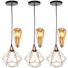 3 Pendentes Aramado Diamante Luminária Lustre Retrô Balcão + 3 Lâmpadas Led ST64 Vintage Teto