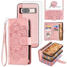 Asuwish Capa de celular para Google Pixel 8 5G com zíper carteira magnética destacável com protetor de tela de vidro temperado alça transversal mandala flor porta-cartões Pixel8 oito mulheres meninas