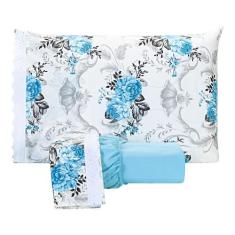 Jogo De Lençol Estampado Casal Queen 03 Peças Flores Azul Claro (Pisci