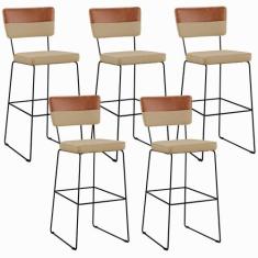 Kit 05 Banquetas Altas Sala Jantar Allana L02 Faixa Corano Camel Linho