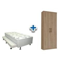 Cama Box Solteiro Conjugado Ortobom White C/ Auxiliar + Armário Multiuso Margarida Rústico