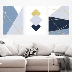 Kit 3 Quadros Decorativos Geométrico Linhas Douradas 45X34Cm - Quadros