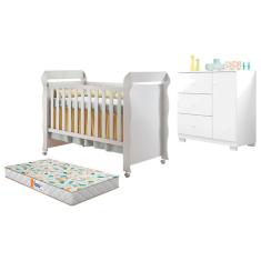 Berço Americano Mirelle E Cômoda Infantil Duda Branco Brilho Com Colchão Gazin - Phoenix Baby