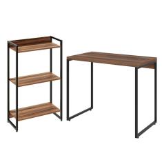 Kit Para Escritório Estante 3 Prateleiras Mesa 90Cm Nogal