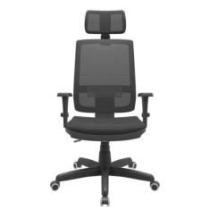 Cadeira Presidente Brizza Giratória BackSystem NR17 com Braço 3D Apoio de Cabeça Assento Poliéster Plaxmetal Preta