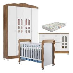 Quarto de Bebê New Selena 4 Portas com Cômoda Gran Selena e Berço Mirelle Branco Acetinado Amadeirado e Colchão Gazin - Carolina Móveis