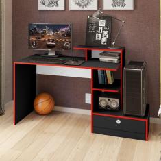 Escrivaninha Mesa Gamer Tech Para Computador Home Office 1 Gaveta Quarto Escritório Preta e Vermelho