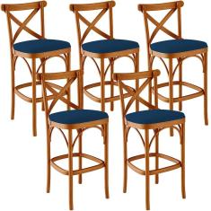 Kit 05 Banquetas Altas Cozinha Bancada Bar Sala Jantar Estofada Ávila L02 Suede Azul Marinho - Lyam
