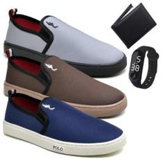 Kit 3 Pares Tênis Slip On Masculino Lona + Carteira + Relógio-Masculino