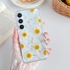 XIZYO Capa protetora à prova de choque para Samsung Galaxy S24 linda estampa floral transparente flores secas mulheres meninas glitter fino TPU bumper à prova de choque para S24, flor de ramo de