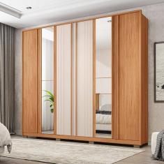 Guarda-roupa Casal Ripado 6 Portas 4 Gavetas com Espelho e Pés Suburban Espresso Móveis Freijó/Off White