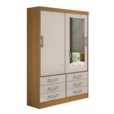 Guarda Roupa Solteiro com Espelho 2 Portas Correr 6 gavetas Meridian – Cinamomo/Off White