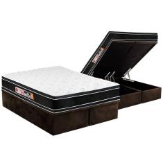 Cama Box Baú Queen: Colchão Espuma Castor D33 Black e White Air Double Face Euro Pillow + Base CRC Suede Brown(158x198)