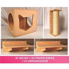 Kit 01 Nicho Gatos + 02 Prateleiras+ 01 Arranhador - Cj 04 pçs