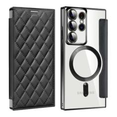 Porta-cartões de couro magnético para Samsung Galaxy S23FE S24 S22 Ultra Plus Porta-cartões de carga sem fio Capa rígida à prova de choque, preta, para Galaxy S24 Plus