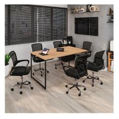 Kit 7 Peças com Uma Mesa de Reunião e 6 Cadeiras de Escritório Tela Mesh Espresso Móveis Marrom/Preto