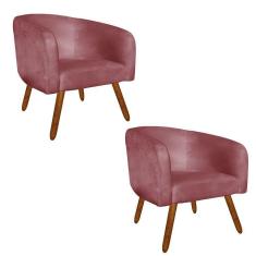 Kit 02 Poltronas Stella Suede Rose Pés Palito Castanho