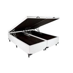 Cama Box Baú King Bipartido Blindado Sintético Branco Com Pistão A Gás