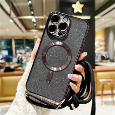 Capa magnética de cordão crossbody com glitter para iPhone 15 14 Plus 13 12 11 Pro Max capa traseira de TPU macio galvanizado, preta, para iphone 14 Plus