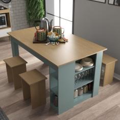Mesa 140 Cm com 4 Banquetas e Prateleira Esmeralda Nogal/ Cinza