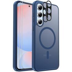 Ezanmull Capa magnética à prova de choque para Samsung Galaxy S24 FE, [adequada para MagSafe] [Protetor de tela de vidro + protetor de lente da câmera] Capa translúcida antiimpressões digitais para