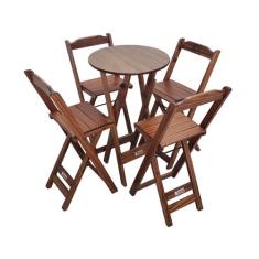 Conjunto Bistrô Mesa Dobrável de Madeira Redonda com 4 Banquetas Imbui