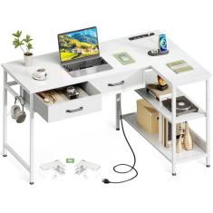 Coleshome Mesa de computador em forma de L de 101 cm com 2 gavetas, mesa pequena para pequenos espaços, mesa de escritório em casa para usuários de laptop, branca