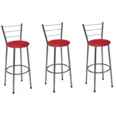 Kit 3 Banquetas Altas Cromada com Encosto Assento Vermelho Jaddi Movei