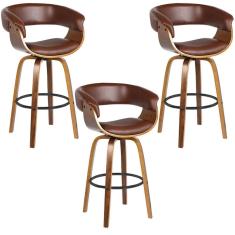 Kit 3 Banquetas Giratória Alta com Encosto Base Madeira Ravi R02 PU Marrom - Mpozenato