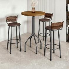 Conjunto Bistrô Bete Tampo Ripado Tradicional 70cm com 3 Banquetas Prata/Marrom